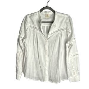 Good Hart White Semi Sheer Button Down Long Sleeve Shirt Crochet Detail Sz Med